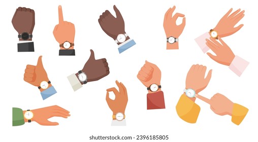 Hands in wrist watches set vector illustration. Cartoon isolated collection of wristwatch with strap on male and female arms, people pointing with finger at time, showing thumbs up and ok gesture