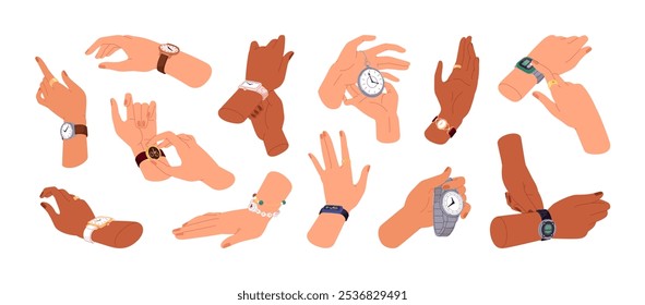 Hands with wristwatches set. Different modern and vintage watches. Clock gear with wristband on wrist. Accessories with bracelet to measure time. Flat isolated vector illustrations on white background