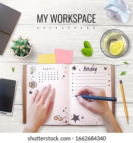 Hands write in a notebook. Desktop top view. Office supplies. Realistic workplace. Vector illustration