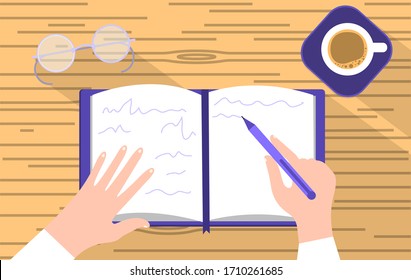 Hands write in a notebook, a writer takes notes, composing, dictating, taking notes, a student or student writes. Vector illustration, flat cartoon design.