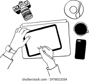 Hands write on Tablet Blank screen Device Table Top with Camera smartphone and coffee Hand drawn line art Illustration