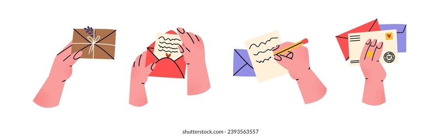 Hands write and send a letter. Hands hold envelopes, notes, documents, gifts. Male and female hands mail delivery set