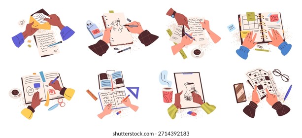 Las manos escriben vista superior. La mano de la mujer que escribe la carta del diario, el cuaderno de la tenencia del hombre hace las notas programa documento de papel de la pluma de la tabla de la tarea escolar sobre el escritorio, hobby Ilustración vectorial elegante