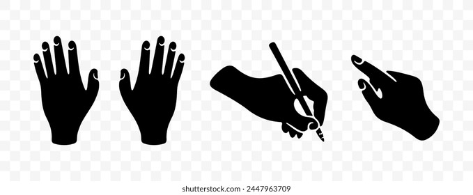 Hands, writes with pen and points with index finger, graphic design. Arm and wrist, people, body parts, vector design and illustration