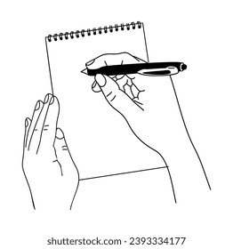 Hands writing with ball pen in spiral notepad.