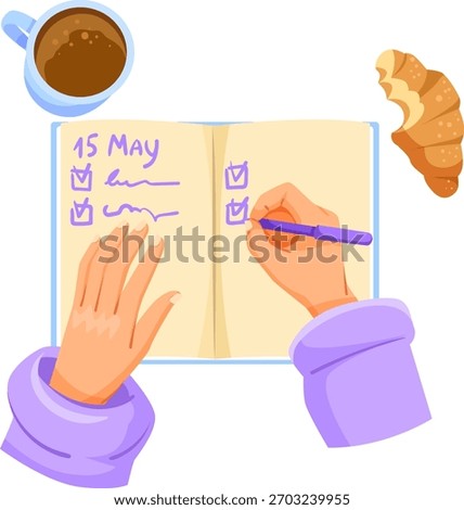 Hands writing checklist in notebook with coffee and croissant, flat cartoon style on white background. Concept of daily planning. Vector illustration