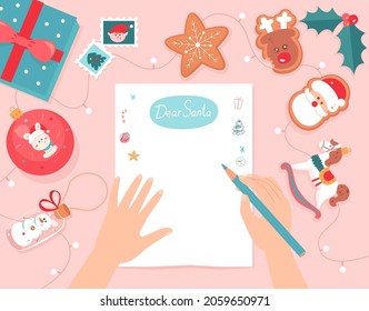 Hands writing Christmas letter to Santa Claus about xmas gifts vector illustration. Cartoon person holding pencil to write wish list on paper sheet and send by mail. Christmas greeting card concept