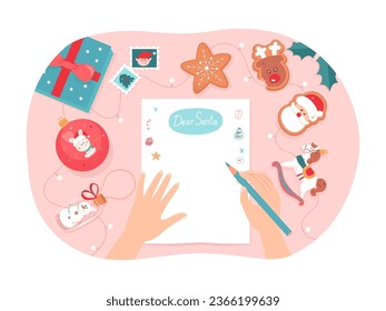 Hands writing Christmas letter to Santa Claus about xmas gifts vector illustration. Cartoon person holding pencil to write wish list on paper sheet and send by mail. Christmas greeting card concept.