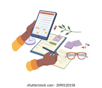 Hands writing dairy plan, personal diary journal or calendar, business time management. Vector pen and glasses, peppers and documents, clock. To do list, calendar with appointments, work schedule