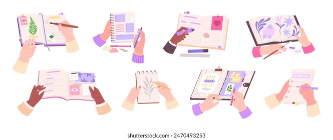 Hands writing and drawing. Hand painting, making notes, writes diary or wishlist. Teenager to do list, business planners, paper artbook, racy vector set