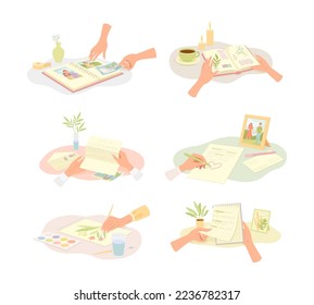 Hands Writing Letter, Drawing Flower and Sticking Photo in Album Vector Set