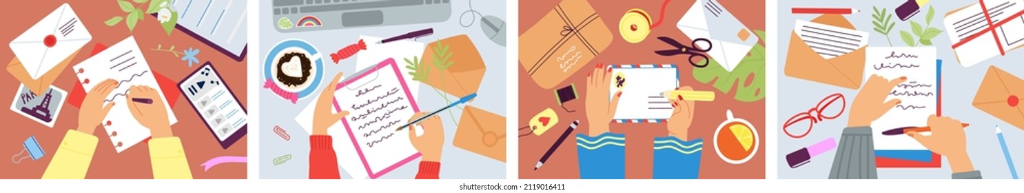 Hands writing letters. Envelope in hand, writes letter on desk. Business plans and notes, document signing. Study or work with tea and coffee, decent vector scenes