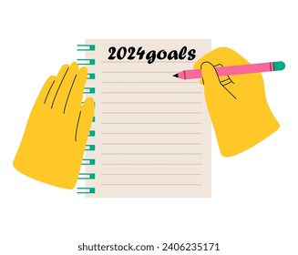 Hands writing a list of goals for 2024 in a notebook. New life, goals, plans concept. Colorful vector illustration