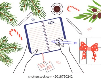 Hands writing New Years goals and resolutions in a notebook. Top view table workspace decorated with gift box, Christmas tree branches. Flat cartoon vector illustration