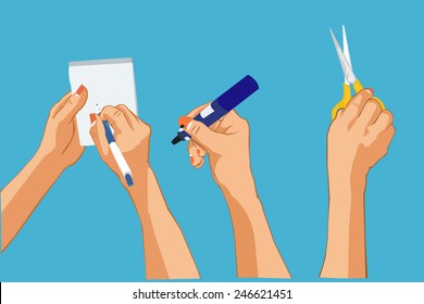 Hands writing note ,holding Whiteboard pen, holding scissors.