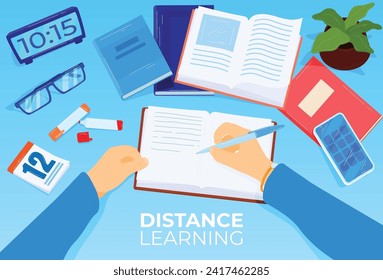 Hands writing in notebook with study materials for online education concept. Distance learning and virtual classroom vector illustration.