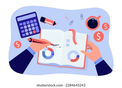 Hands writing in notebook vector illustration. Businessman analyzing finances, managing personal budget at desk with coffee and calculator. Personal finance, deposit growth concept