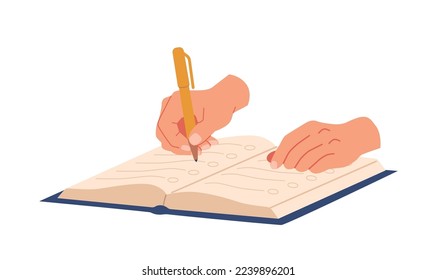 Notas de escritura a mano, Palmas de caracteres humanos sujetando la pluma Comparten historias de vida con agenda, Rellenar lista de tareas pendientes o trabajar aisladas en fondo blanco. Ilustración de vectores de personas de caricatura