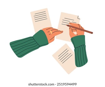 Hands writing on paper with pencil, top view. Female student with pen, composing essay, letter, taking notes, recording synopsis, studying. Flat vector illustration isolated on white background