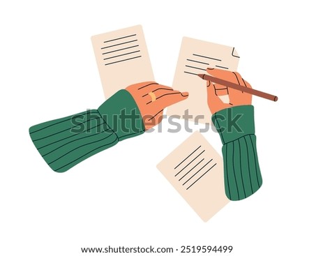 Hands writing on paper with pencil, top view. Female student with pen, composing essay, letter, taking notes, recording synopsis, studying. Flat vector illustration isolated on white background