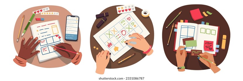 Juego de pegatinas de notas del plan de escritura manual. Vista superior de las tareas de planificación de trabajo de las personas de negocios y de lápiz, lápiz, portátil, papel y suministros de oficina. Gestión del tiempo, diario, ilustración planner de vector plano