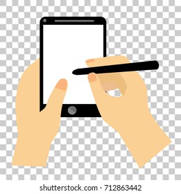 Hands Writing at Smartphone using a stylus pen, Transparent Effect Background