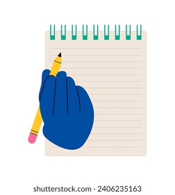 Hands writing in spiral notepad. Colorful vector illustration