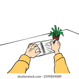 Hands writing in spiral-bound notebook on desk, first-person perspective, with small potted plant nearby