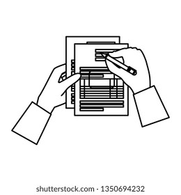 hands writing in tax documents paper