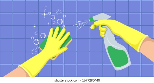 Hands in a yellow gloves holders disinfectant spray bottle and washes a wall. Concept for cleaning companies. Flat vector illustration.