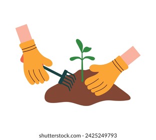 Hands in yellow gloves loosen the soil with small rakes, a bed with a sprout. Hand drawn vector illustration of agricultural crops for web and mobile design, icons, logo.