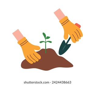 Las manos en guantes de goma amarillos cavan cuidadosamente un agujero con un brote. Ilustración de vector plano, concepto de jardinería, jardinería vegetal, plantar plántulas. Icono de color