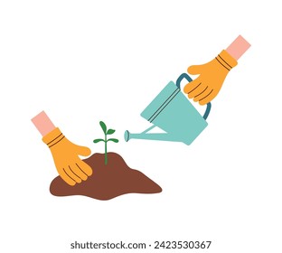 Hands in yellow rubber gloves water the sprout. A hand holds a watering can for watering plants. Flat vector illustration, concept of gardening, vegetable gardening, planting seedlings. Colored icon