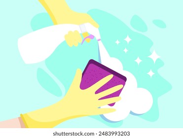 Manos en guantes de goma amarillos. Limpieza con detergente en aerosol. Esponja de limpieza púrpura. Limpieza de superficies en casa. Ilustración vectorial.