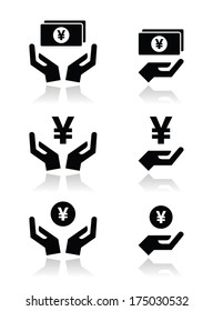 Hands with yen banknote, coin vector icons set 