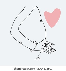 The hands of a young girl with long nails, rings on her finger and a watch in the technique are one line with colored spots with a copy of the space. Vector eps10