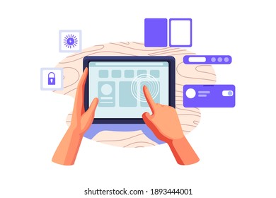 Hands of young man holding tablet with smart remote control system