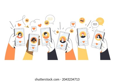 Hands of young people holding phones with dating profiles. Searching for love online, flirting and sending messages in mobile app flat vector illustration. Relationship, romance, technology concept