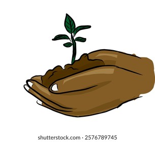 Hands with young plant shoots. Save nature. Sketch hand drawn. Growing Agriculture sprout in hand. Growth of plants. Spring soil. Vector.