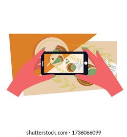Hands of a young white woman holding a smartphone. People take photos of delicious organic foods from above. Vector hand drawn green tea match and a piece of cake. All elements are isolated.