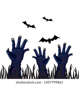 hands of zombie for halloween with bats flying