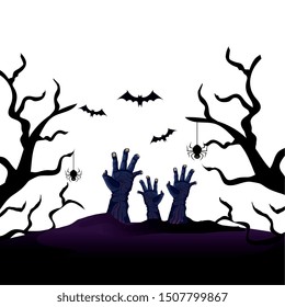 hands of zombie for halloween with bats flying