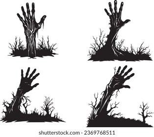 Hands of the Zombie in Silhouette. Vector Illustration Set of Creepy Crooked Lambs of a Zombie Sticking Out from Graveyard Ground. Halloween Zombie Hands