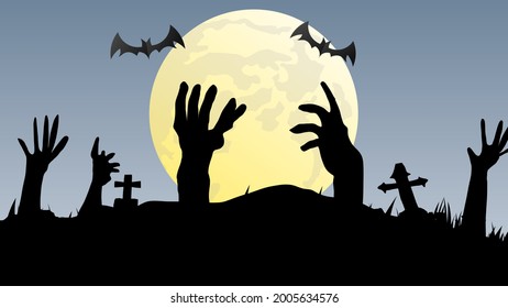 hands of zombies emerging from earth and bats and moons in halloween day , Illustration Vector EPS 10