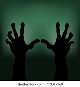 Hands of zombies, human hands on a dark green background.Vector