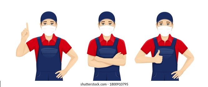 Handsame man in blue overalls wearing protective medical mask isolated vector illustration