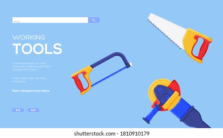 Ort für Text, Ort für Kopieren. Handsaw Concept Flyer, Web-Banner, ui Header, geben Sie Seite. Moderne Slider-Seite mit Layout-Darstellung. Körnerstruktur und Rauscheffekt.