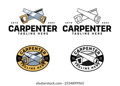 handsaw, backsaw crossed colorful and outline logo design set for workshop and carpenter. backsaw, handsaw cutting tool crossed illustration badge logo template for woodwork, craftsman 