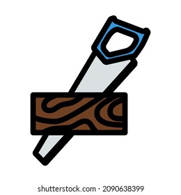 Handsaw Cutting A Plank Icon. Editable Bold Outline With Color Fill Design. Vector Illustration.