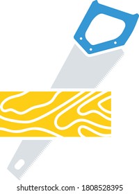 Handsaw Cutting A Plank Icon. Flat Color Design. Vector Illustration.
